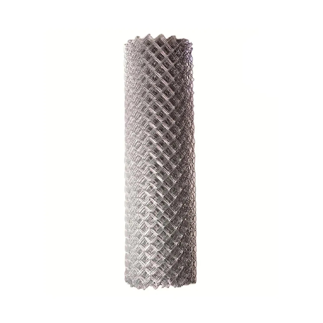 The Go Build 4 ft. x 50 ft. 11.5 Ga. Galvanized Steel Chain Link Fence Fabric stands upright against a white background, showing its diamond-shaped pattern and durable finish.
